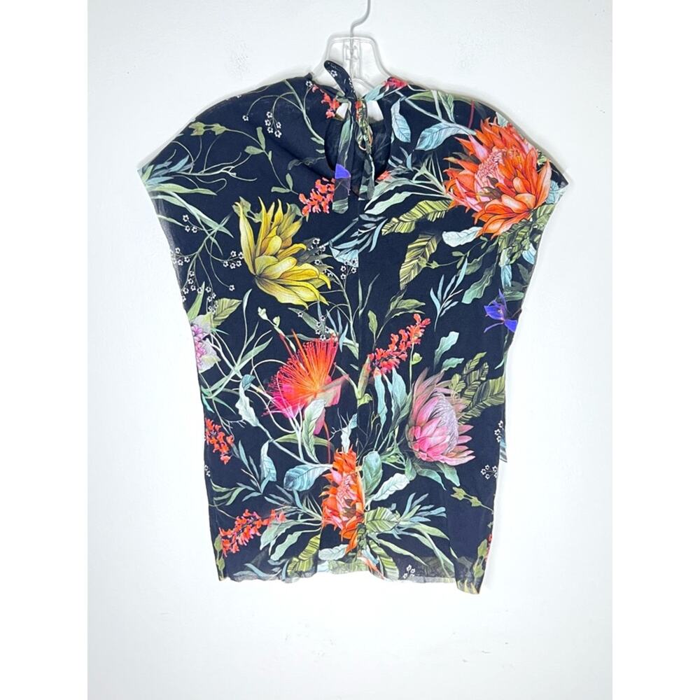 Fuzzi Mesh Blouse Sleeveless Black Floral Tropical Side Ruffle High Neck Sz S - Picture 5 of 7